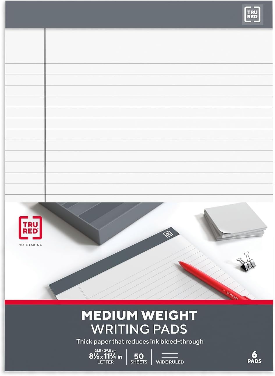 TRU RED Notepads, 8.5” x 11.75”, Wide Ruled, White, 50 Sheets/Pad, 6‑Pack