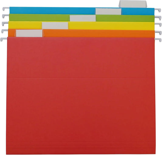 20 Pack Hanging File Folders, Letter Size with 2 Built-in Dividers, 5 Assorted Colors, Heavy-Duty Paper & Metal Hangers, 60 Adjustable 1/5-Cut Tabs for Home Office Filing