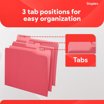 Staples File Folders, Letter Size, 1/3‑Cut Tabs, Purple, Durable 10.5‑Point Paper Stock, 100/Pack