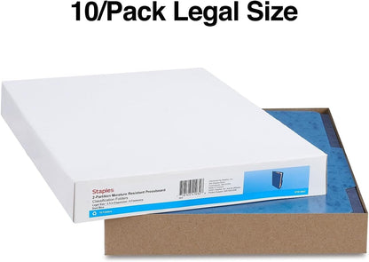 Staples Moisture‑Resistant Classification Folder, Legal Size, 2 Dividers, 2.5″ Expansion, Dark Blue Pressboard, Durable Construction, 20/Carton