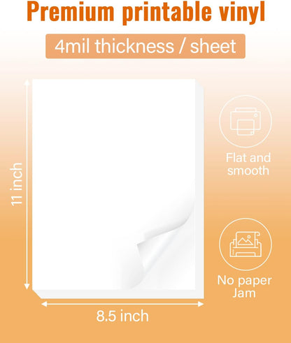 QYH Printable Vinyl Sticker Paper for Inkjet & Laser Printer - Matte White Waterproof, 50 Sheets Vivid Colors, Compatible with Cricut, Silhouette, Ideal for Small Business & DIY- 8.5"x11"