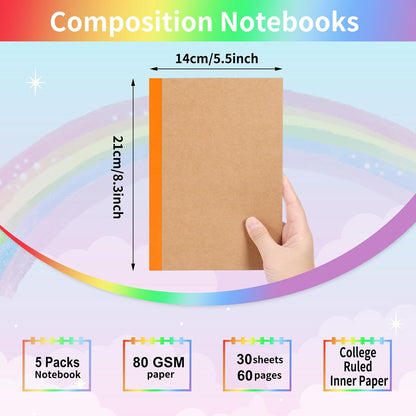 EOOUT 5 Pack A5 Composition Notebook, Kraft Lined Journal Bulk with Pink Spine, 5 Colors, 60 Pages for Women Girls Kids, School Office Supplies