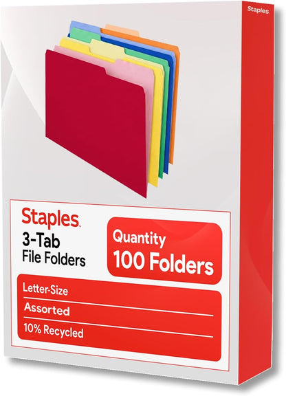 Staples File Folders, Letter Size, 1/3‑Cut Tabs, Purple, Durable 10.5‑Point Paper Stock, 100/Pack