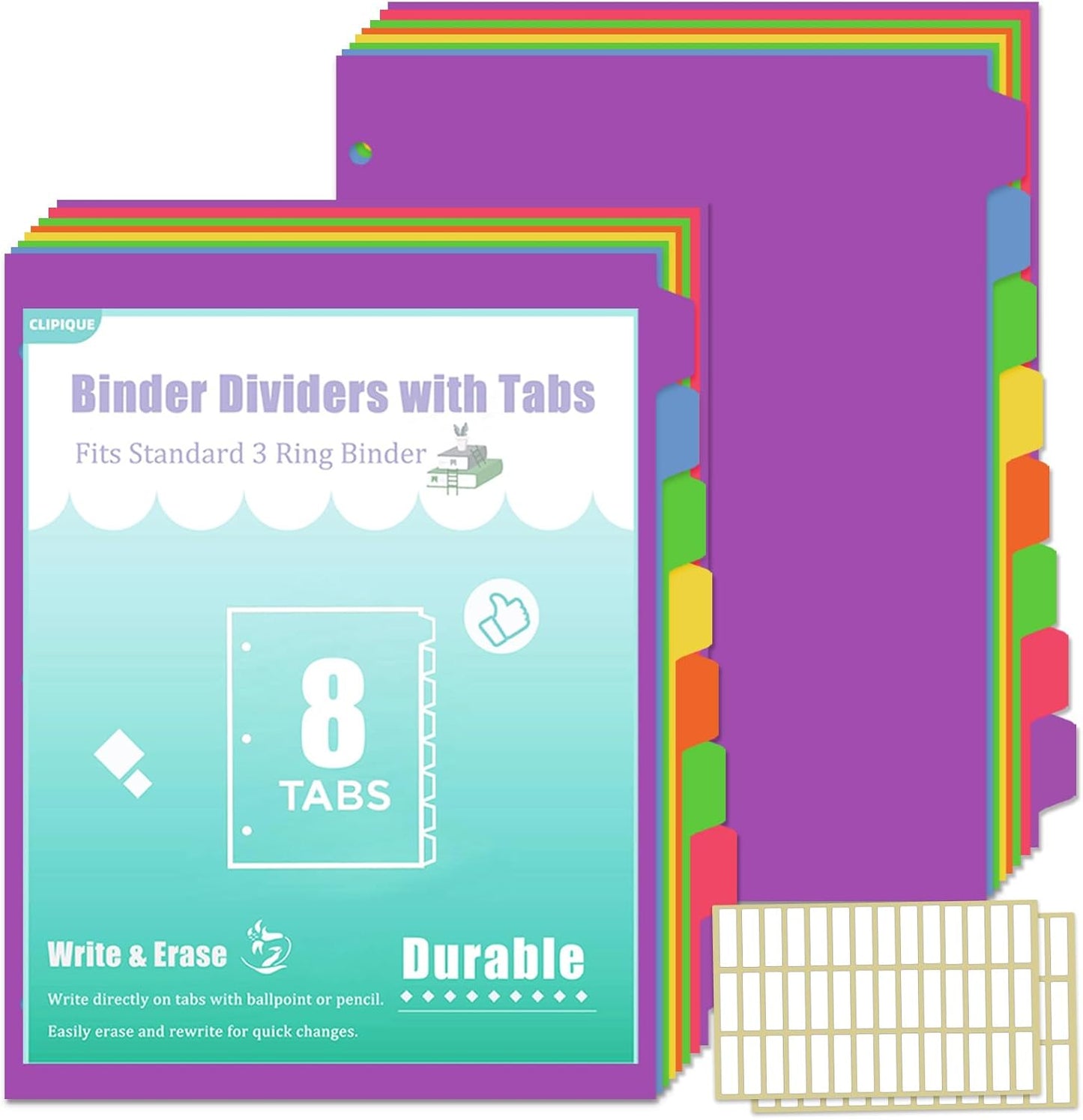3 Ring Binder Dividers with Tabs - 5-Tab Plastic Dividers for 8.5x11 Binders, Reusable Write & Erase Tabbed Dividers | Rainbow Color 3 Sets, School Classroom Organizer