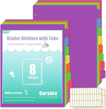 3 Ring Binder Dividers with Tabs - 5-Tab Plastic Dividers for 8.5x11 Binders, Reusable Write & Erase Tabbed Dividers | Rainbow Color 3 Sets, School Classroom Organizer