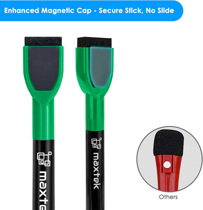 maxtek Magnetic Black Dry Erase Markers, 6 Count Fine Tip Whiteboard Markers with Eraser, Thin Markers Low Odor for Classroom, Office, Home