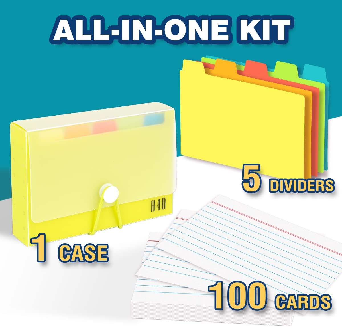 H4D 3x5 Index Card Case with 100 Heavyweight Ruled Index Cards and Dividers, Black