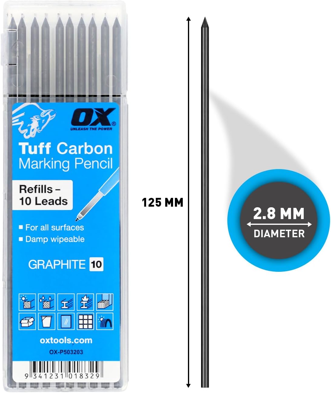 OX Tools 2.88 mm Tuff Carbon Marking Carpenter Pencil Lead Refills – 10 Pack Break Resistant Graphite Replacements for Construction, Woodworking & Deep‑Hole Mechanical Pencils