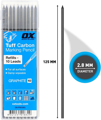OX Tools 2.88 mm Tuff Carbon Marking Carpenter Pencil Lead Refills – 10 Pack Break Resistant Graphite Replacements for Construction, Woodworking & Deep‑Hole Mechanical Pencils