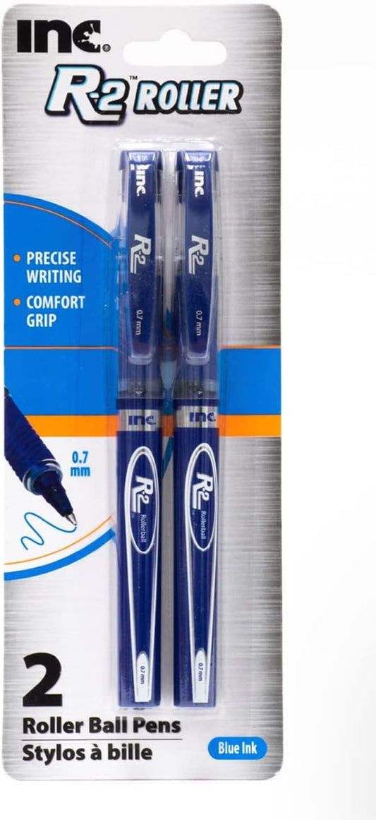 INC 0.7 mm R-2 Roller Ball Pen,Controlled Ink Flow System, Blue Ink, Comfort Grip, 2 pack