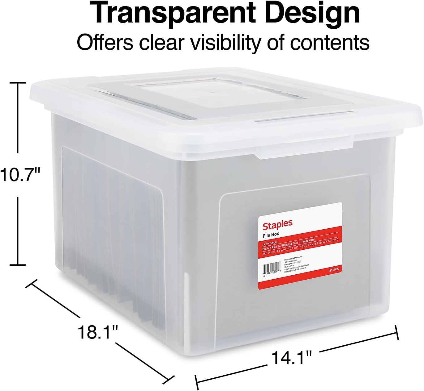 STAPLES File Folder Tote, Portable Filing Box for Letter SIze Hanging Folders, Security Latch & Built-In Lid Organizer, Black/Clear