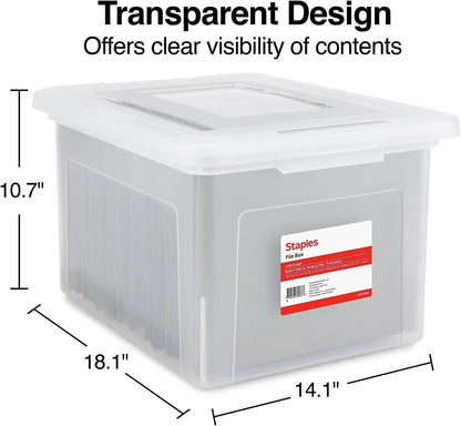 STAPLES File Folder Tote, Portable Filing Box for Letter SIze Hanging Folders, Security Latch & Built-In Lid Organizer, Black/Clear