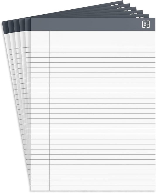 TRU RED Notepads, 8.5” x 11.75”, Wide Ruled, White, 50 Sheets/Pad, 6‑Pack