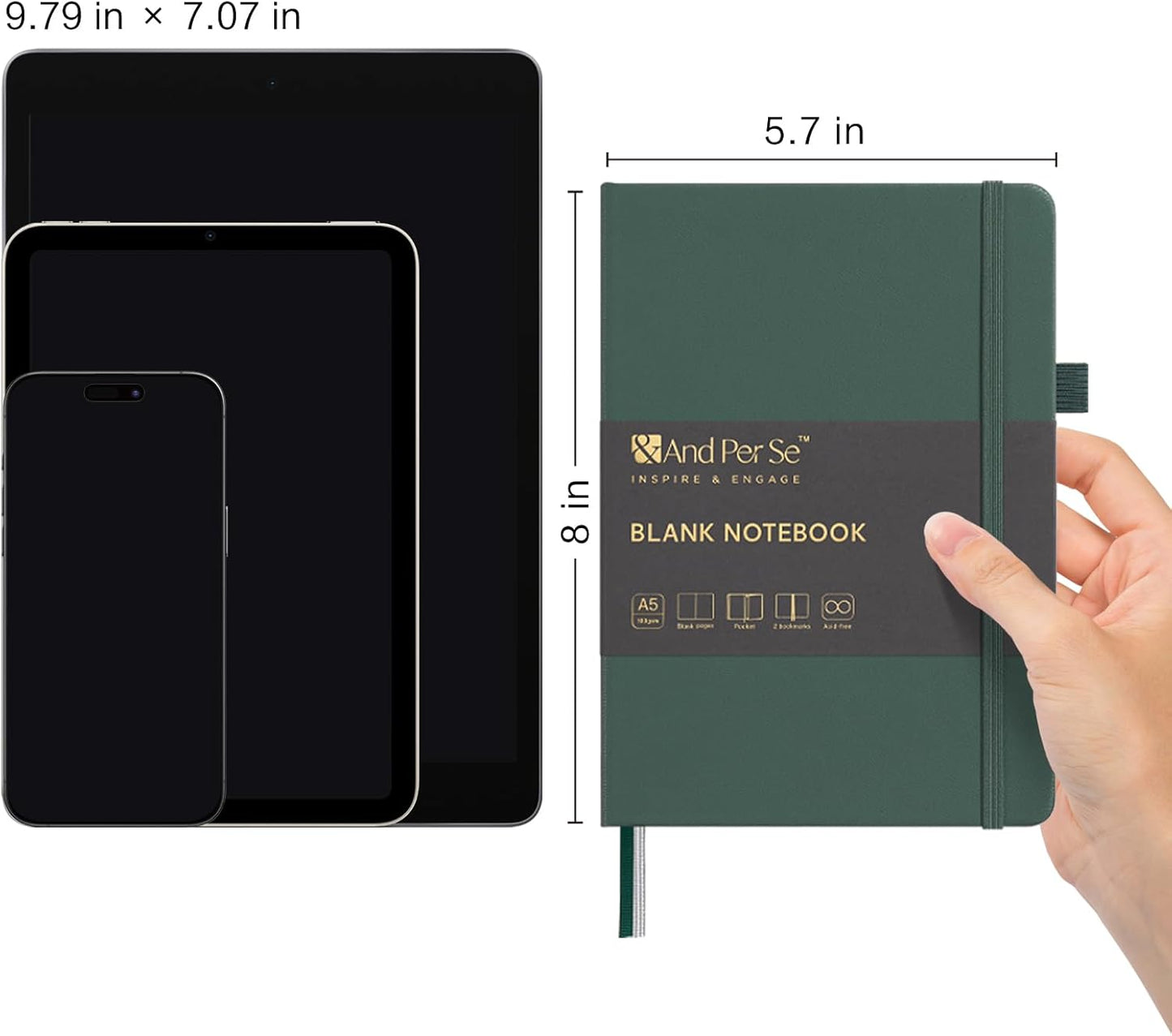 &And Per Se Lined Journal Notebook, 160 Pages, A5 5.7 x 8 inches College Ruled Thick Paper Notebook Journals for Writing, Hardcover Notebooks for Women Men Office School (1 Pack, Green) - Colors A