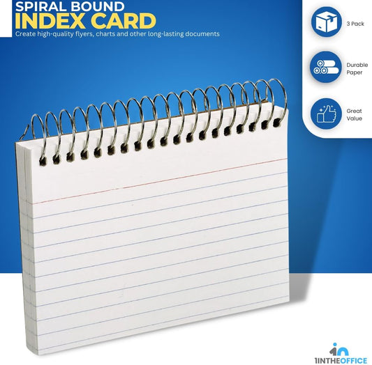 1InTheOffice Spiral Bound Index Cards 4x6 Ruled, White, 50 Cards/Pack, 3 Packs