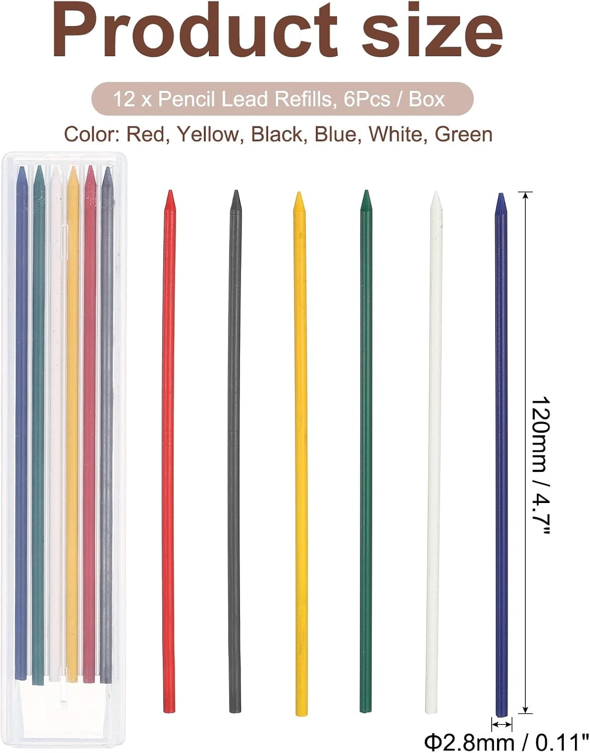 PATIKIL 12Pcs 2.8mm Carpenter Pencil Lead Refills, Solid Dry Pencil Refills Break Resistant Lead Refill for Mechanical Carpenter Construction Pencils Art Drafting, Multicolor