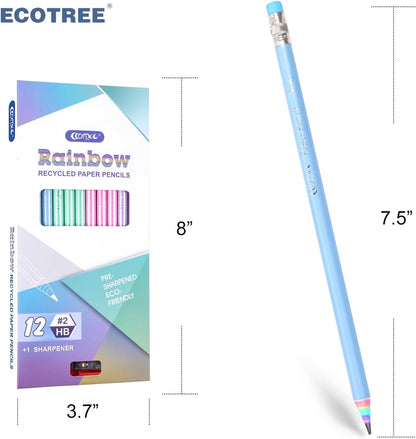 ECOTREE Pre-Sharpened Pencils #2 Cute Number 2 Pencils with Erasers for Kids Eco Rainbow Paper Pencil for School, Writing, 12 Count