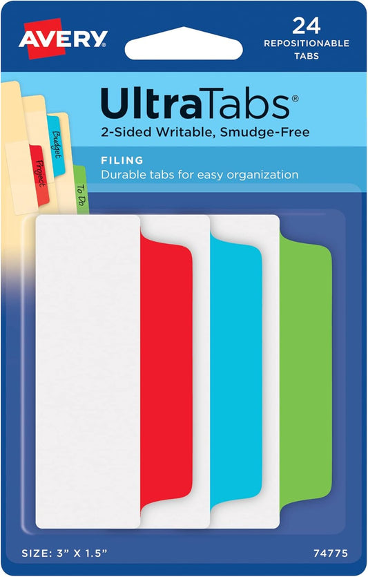 Avery Filing Ultra Tabs, 3" x 1.5", 2-Side Writable, White, 24 Repositionable File Tabs (74776)