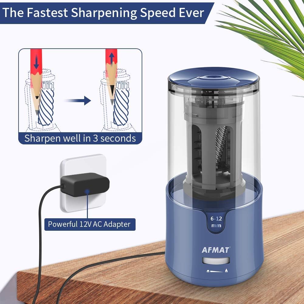 AFMAT Electric Pencil Sharpener, Auto Stop, Super Sharp & Fast, Electric Pencil Sharpener Plug in for 6-12mm No.2/Colored Pencils/Office/Home PS94