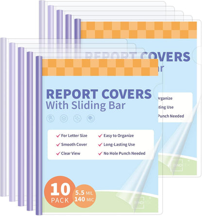 Binditek 10 Pack Clear Report Covers with Sliding Bars, 50 Sheet Capacity, 6mm Sliding Bar File Folder, Purple Gradient, for Students and Coworkers