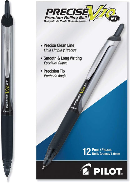 PILOT Precise V10 RT Refillable & Retractable Rolling Ball Pens, Bold Point, Black Ink, 12-Pack (13450)