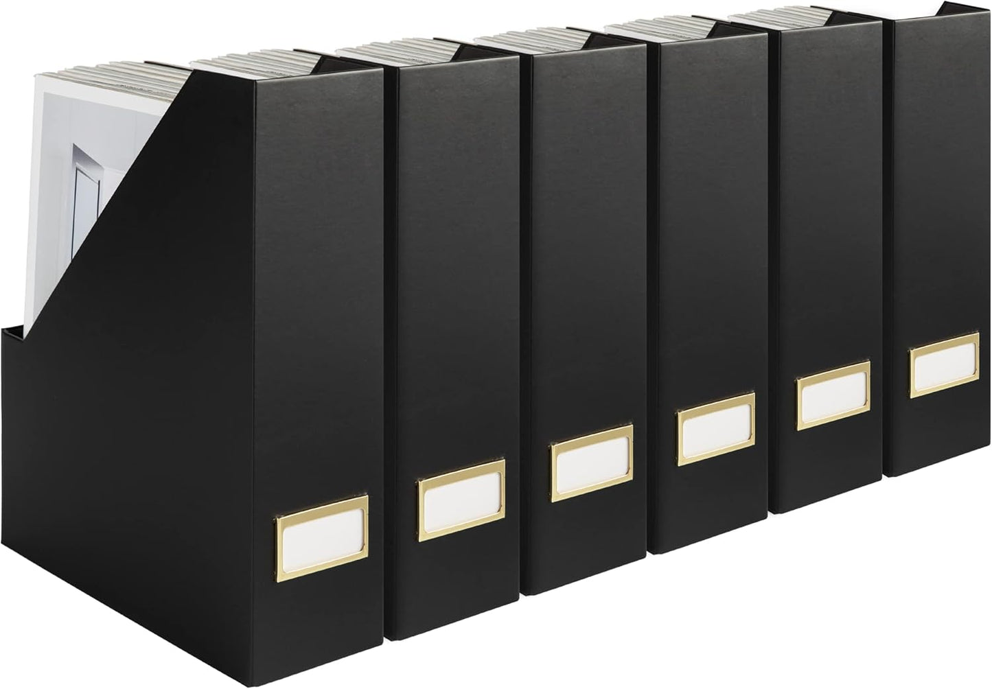 BLU MONACO Foldable Black Magazine File Holder | Set of 6 Cardboard Desk Organizer Boxes | Vertical Magazine File Holder | Standing File Holder | Office Classroom or Home