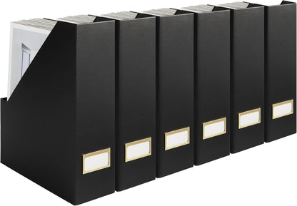 BLU MONACO Foldable Black Magazine File Holder | Set of 6 Cardboard Desk Organizer Boxes | Vertical Magazine File Holder | Standing File Holder | Office Classroom or Home