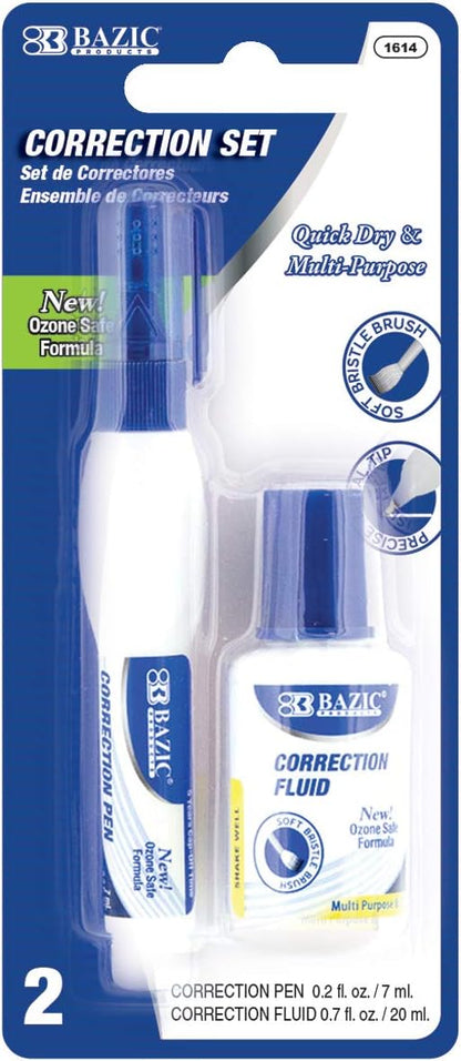 BAZIC PRODUCTS Correction Fluid, Soft Bristle Brush & Precise Metal Tip Applicator, Fine Point Corrections Pen White Out Wipe Out Liquid (2/Pack), 2-Packs