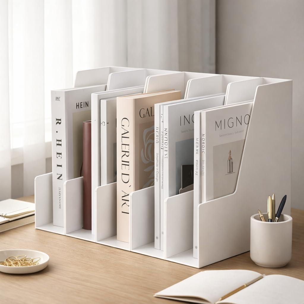 CiWiVOKi Vertical Magazine File Holder, Desk Organizer and Storage for Magazines, Binders, Notebooks, Envelopes, Multi-Purpose Desktop File Organizer for Home, Office & Classroom, 4 Pack, White