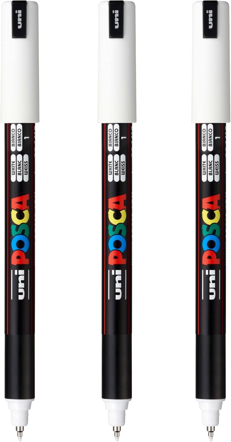 posca PC-1MR Water-Based Paint Markers, Extra Fine Tip (0.7mm), White, 3 Count