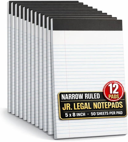 1InTheOffice Jr Legal Pads,Small Legal Notepads, 5" x 8", Narrow Ruled Note Pad, White, 50 Sheets/Pad, 12 Pads/Pack