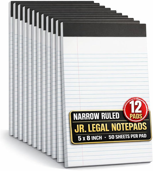 1InTheOffice Jr Legal Pads,Small Legal Notepads, 5" x 8", Narrow Ruled Note Pad, White, 50 Sheets/Pad, 12 Pads/Pack