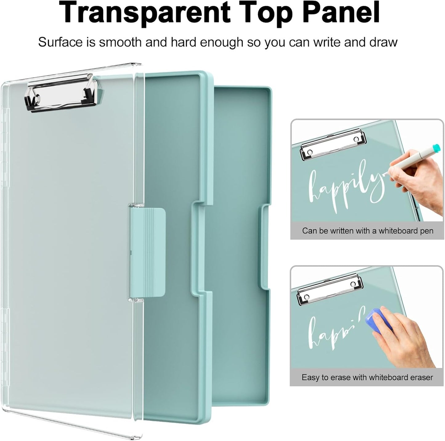 Piasoenc Clipboard with Storage, 8.5 x 11 Clip Boards with 2 Storage Case and A4 Paper Folder, Clear Dry Erase Top Panel, Heavy Duty Plastic, Folio & Side Opening, for Nurses, Teachers, Lawers,Black