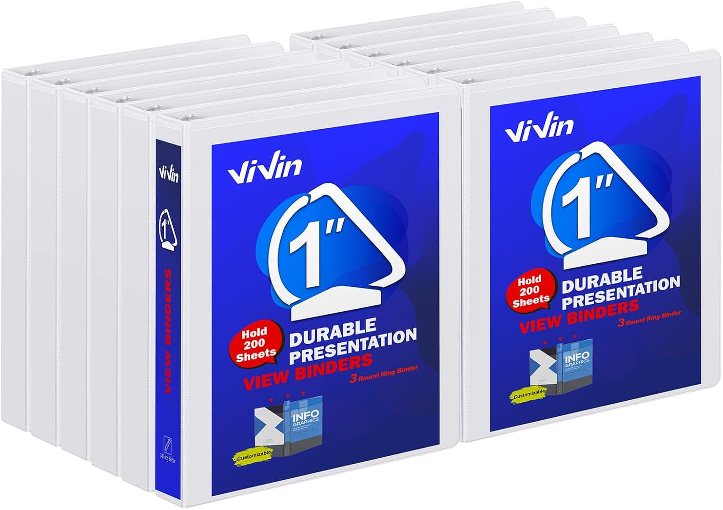 3 Ring Binder 1-1/2 Inch, ViVin Sturdy 1.5"-Slant D Ring Binder with 2 Interior Pockets, Clear View Cover, PVC-Free, Fits 350 Sheets of US Letter Size Paper (6 Pack, White)