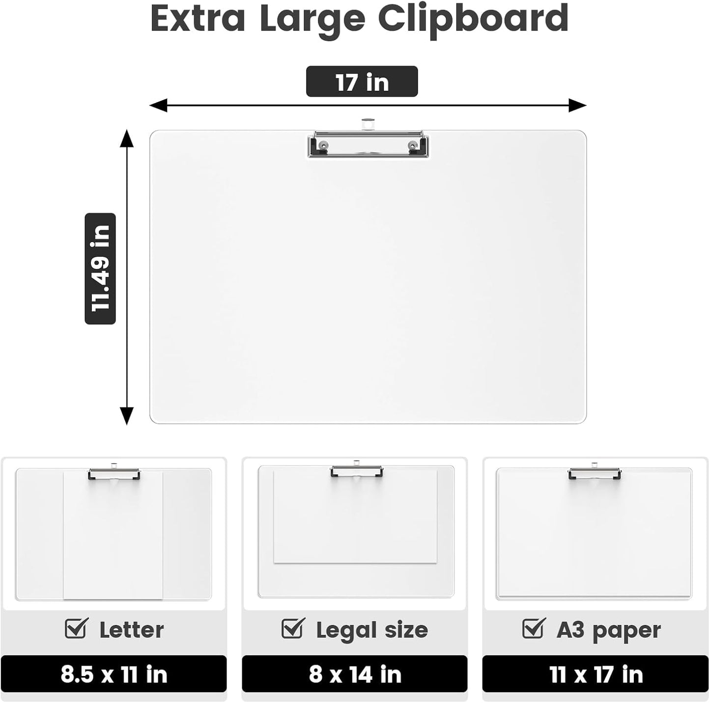Extra Large 11x17 Clipboards, Plastic Black Drawing Boards, Horizontal Clip Board, Landscape Layout. Suitable for Watercolor, Sketching, Painting. Art & Drafting Supply