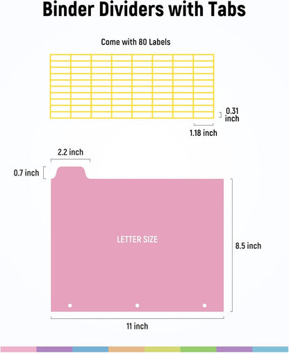 16 PCS 8 Tab Binder Dividers for 3 Ring Binder,Thicken, Write & Erase Reusable Waterproof Plastic Binders for School & Office Files, 2 Set, Extra 40 Labels