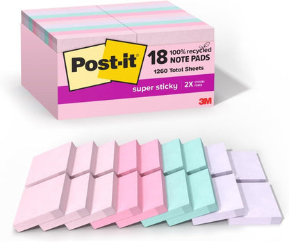 Post-it 100% Recycled Paper Super Sticky Notes, 1 7/8 x 1 7/8 in., 18 Mini Sticky Note Pads, School Supplies and Office Products, Sticky Notes for Vertical Surfaces Wanderlust Pastels Collection,