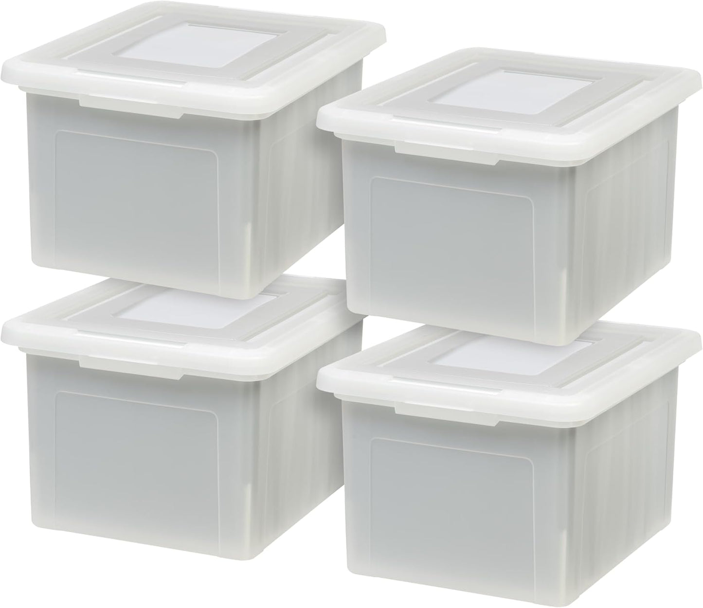 IRIS USA File Box, Plastic File Organizer with Lids for Letter/Legal File, Portable Document Box For Moving, Storage Bin with Durable and Secure Lid, Stackable Nestable BPA-Free, Clear 35 Qt. 4 Pack