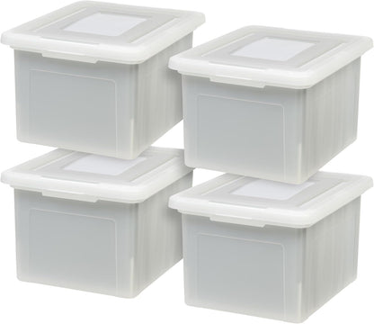 IRIS USA File Box, Plastic File Organizer with Lids for Letter/Legal File, Portable Document Box For Moving, Storage Bin with Durable and Secure Lid, Stackable Nestable BPA-Free, Clear 35 Qt. 4 Pack