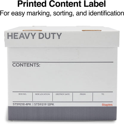 STAPLES Storage & Filing Box, Medium-Duty with Handles & Removeable Lid, Letter Size Documents, Stackable, 12-Pack, White/Gray