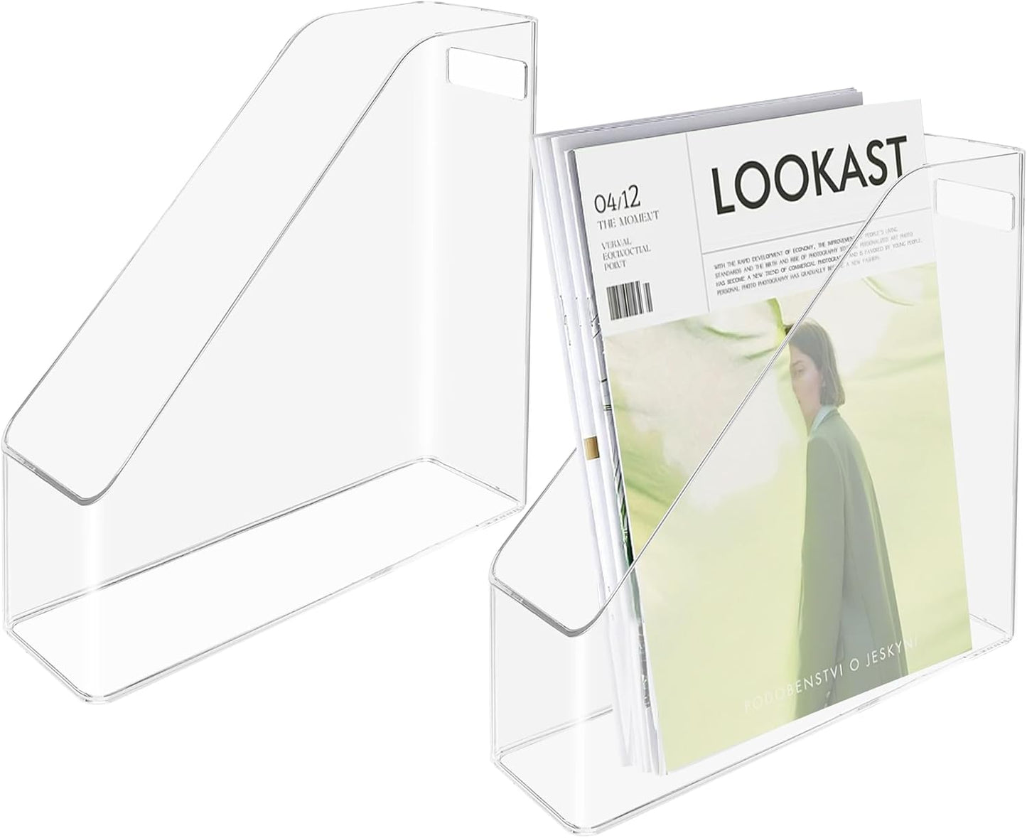 2 Pcs Acrylic Magazine File Holder Clear Plastic Magazine Holder with Handle, Slim Vertical Magazine Storage Organizer Binder Organizer for Desk