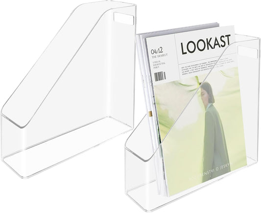 2 Pcs Acrylic Magazine File Holder Clear Plastic Magazine Holder with Handle, Slim Vertical Magazine Storage Organizer Binder Organizer for Desk