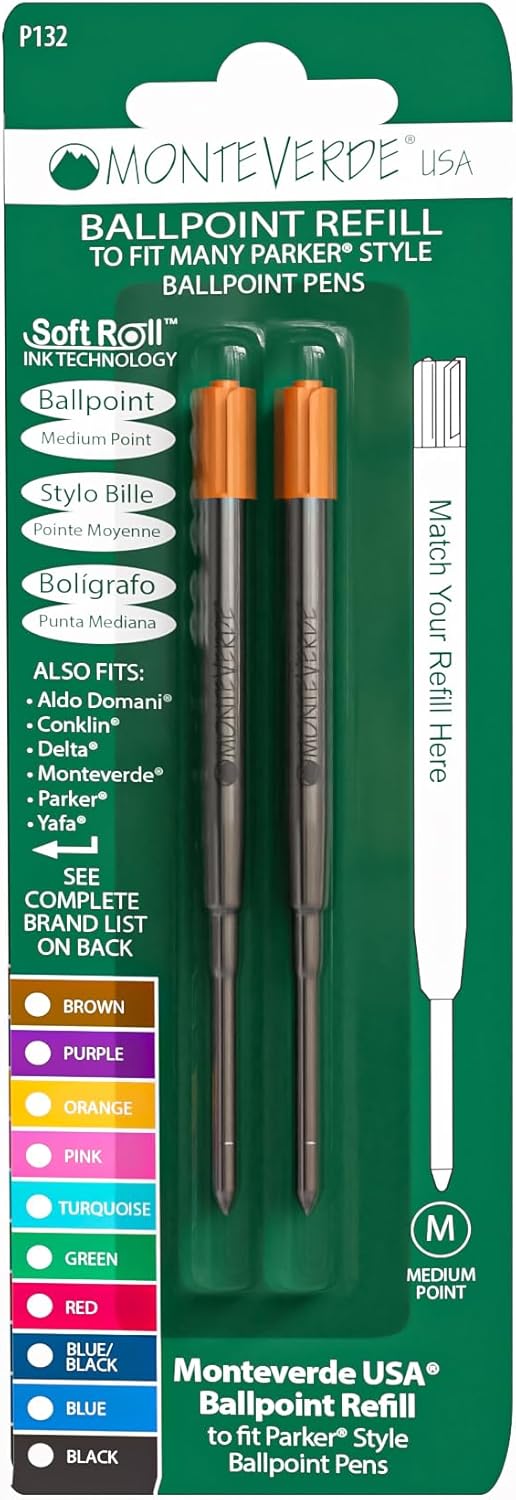 Monteverde Soft Roll Ballpoint Pen Refills to Fit Parker-Style Pens, Medium Point, Brown, 2-Pack, Smooth Writing Technology for Parker, Conklin, Schmidt, and More
