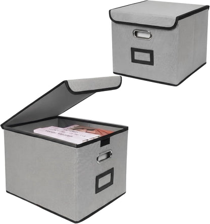 File Storage Box with Lid, 15.55x12.87x10.43 Inches, Foldable Organizer with Handles & Label Slot, for File Storage, Home, Office, and Closet Organization(Pink)