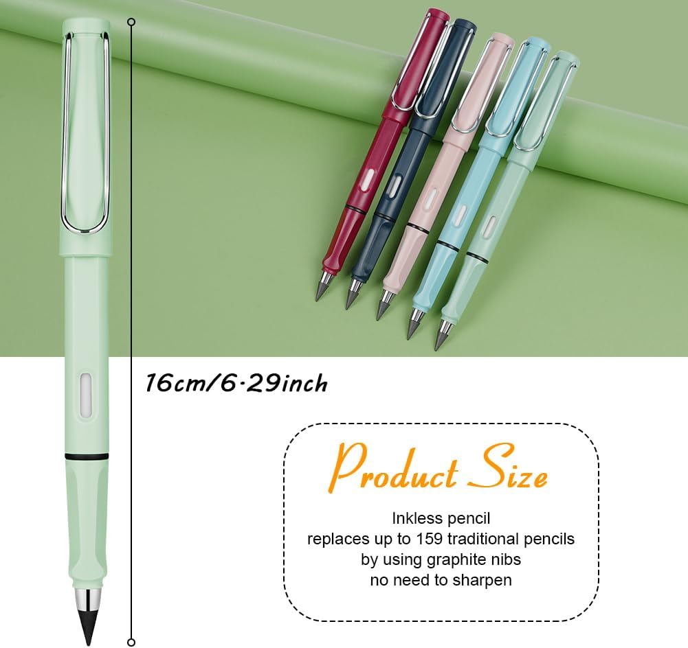 Ainiv Inkless Pencil with Eraser - 5 Sets Infinity Pencil, Reusable with Extra 5 Eraser & 5 Replaceable Nibs for Home, Office & School Writing, Drawing