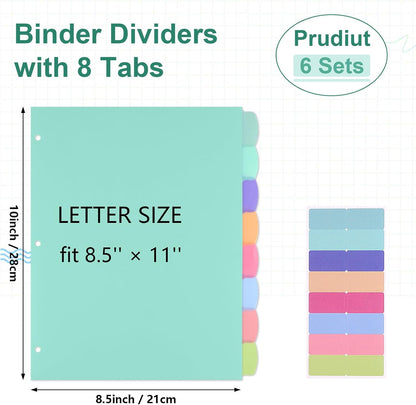 6 Sets of 48Pcs Binder Dividers with Tabs, 8 Tab Dividers for 3 Ring Binder - Waterproof Plastic Notebook Dividers for Office, School(8.5 × 11 Inch)