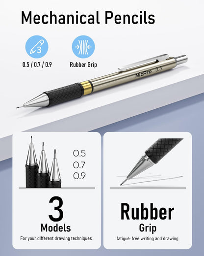 Nicpro 6PCS Art Mechanical Pencil Set, 3PCS Metal Drafting Pencil 0.5 mm & 0.7 mm & 0.9 mm & 3PCS 2mm Graphite Lead Holder (2B HB 2H) For Writing, Sketching Drawing With Lead Refills Case