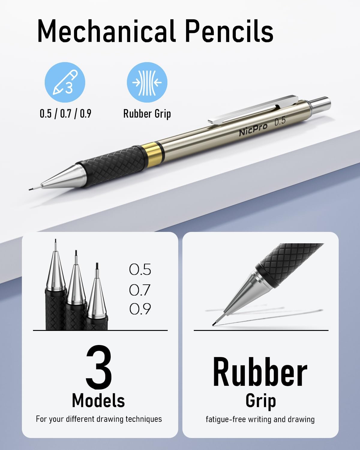 Nicpro 35PCS Art Mechanical Pencil Set, 3 PCS Metal Drafting Pencil 0.5 mm & 0.7 mm & 0.9 mm & 3 PCS 2mm Lead Holder (6B 4B 2B HB 2H 4H Colors) For Sketching Drawing With 20 Tube Lead Refills Case
