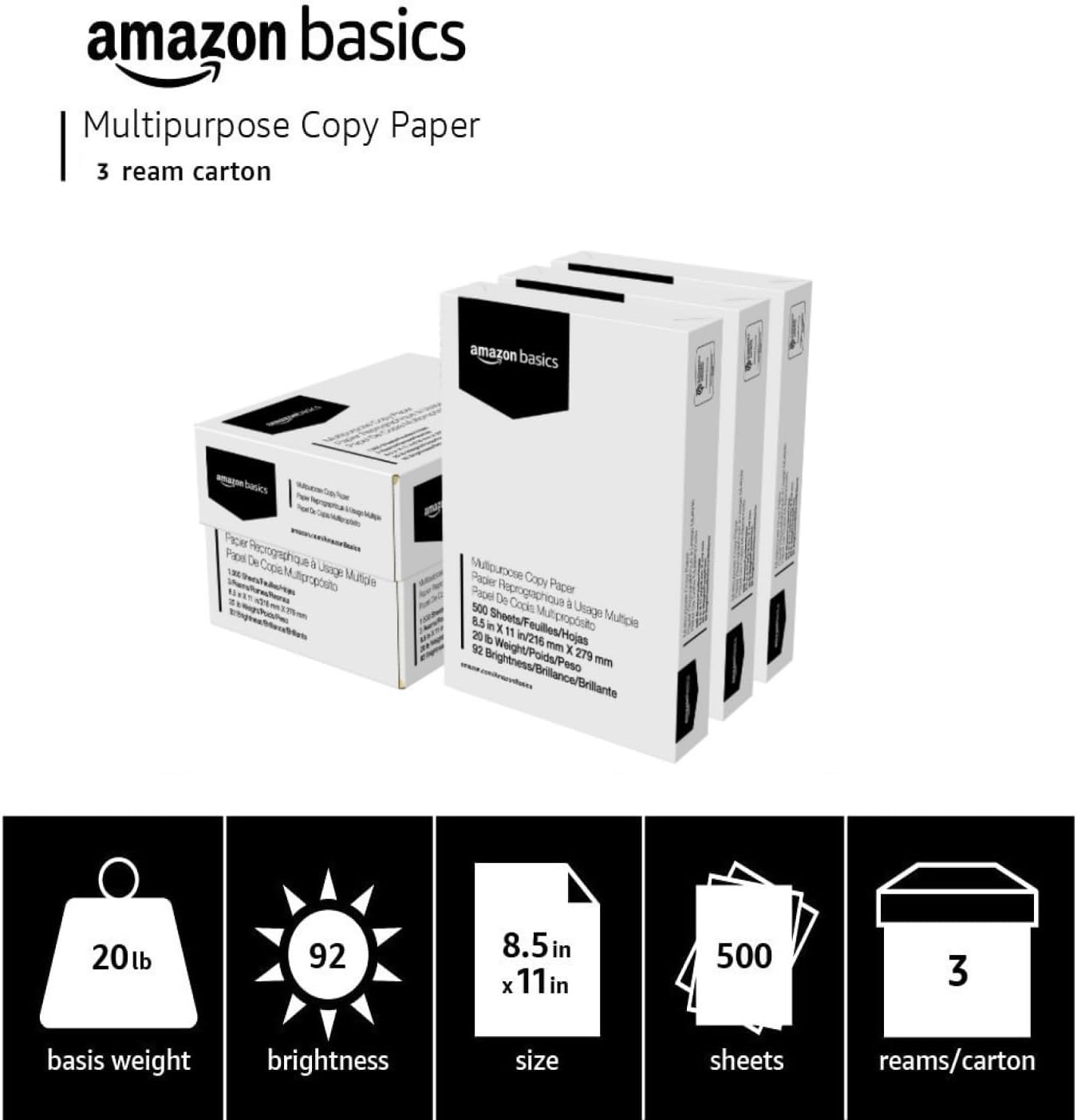 Amazon Basics Multipurpose Copy Printer Paper, 20 lb, 8.5 x 11 Inches, 10 Reams (5,000 Sheets), 92 Bright White