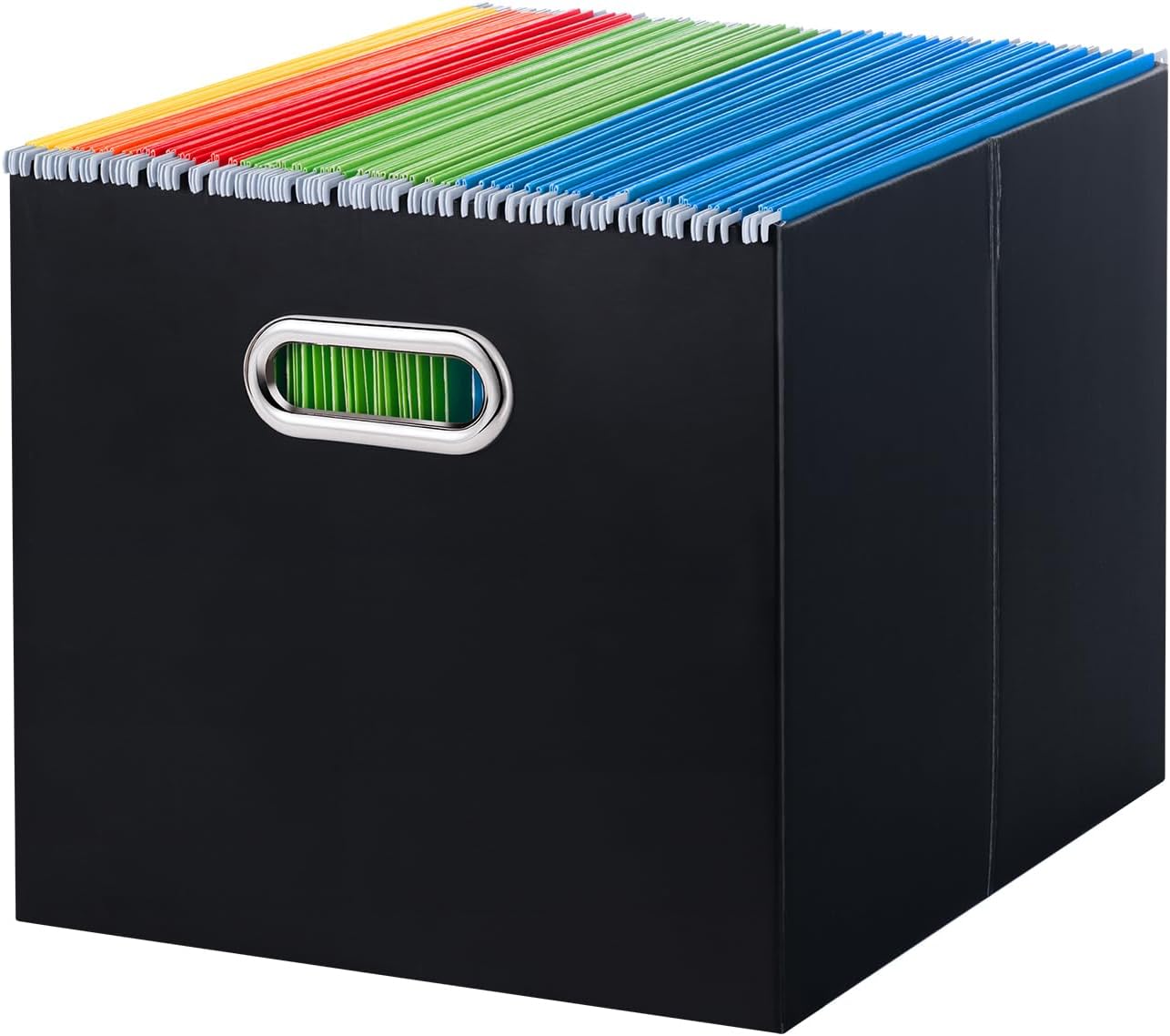 Oterri File Organizer Box, Portable Collapsible Cardboard File Folder Organizer with Handle for Letter Size Hanging Files, Document Storage Box for Home Office & Classroom (4 Packs, Black)